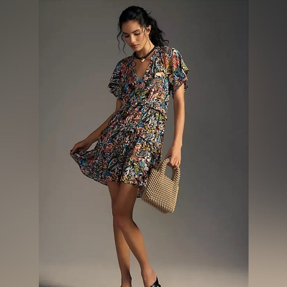 Anthropologie Robin Tiered Mini Dress Vibrant Colorful Print Size Small